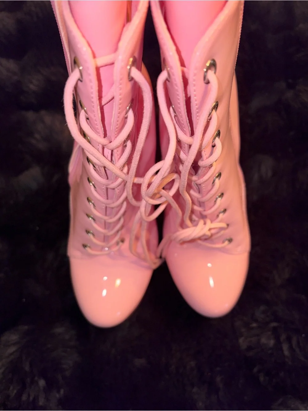 NEW Pink Patent Lace-Up Platform Stiletto Ankle Boots | Side Zip | Size 8.5